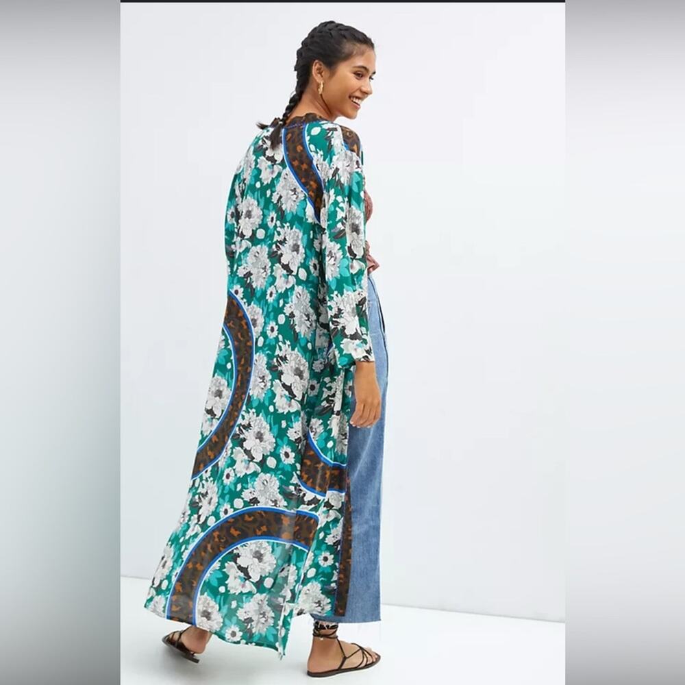 Bl^nk London Anthropologie Women's Green Floral Long Kimono Open Front One Size